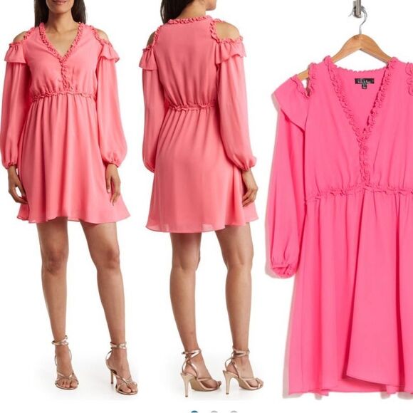 Nicole Miller Cold Shoulder Ruffle Long Sleeve Pink Dress Size 10 New - Picture 1 of 4